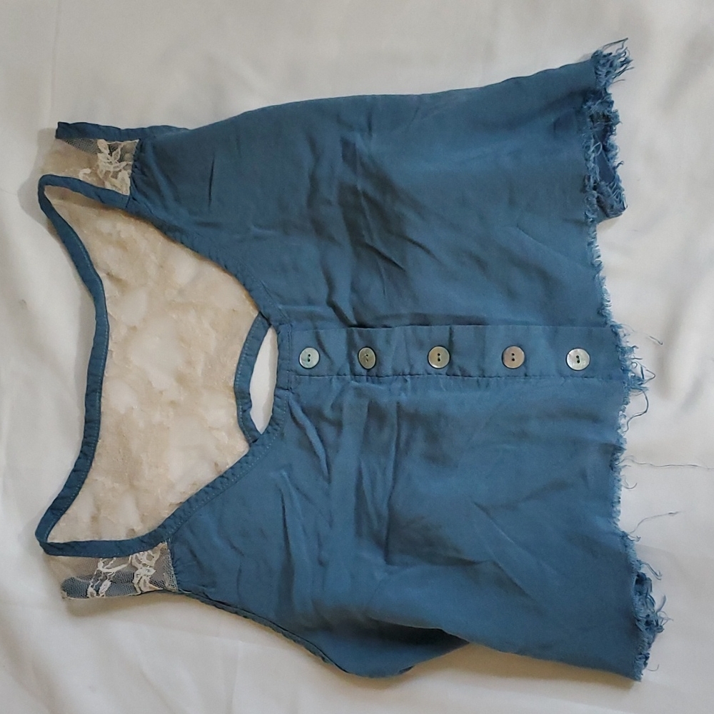 Hello Miss Blue Linen Crop Top with Lace Back